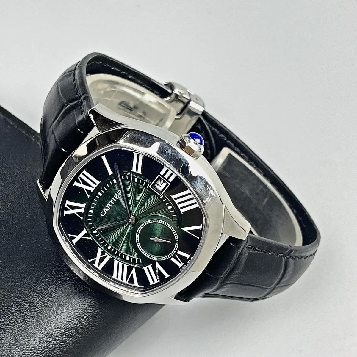 Cartier Green Dial Mens Watch Black And Silver