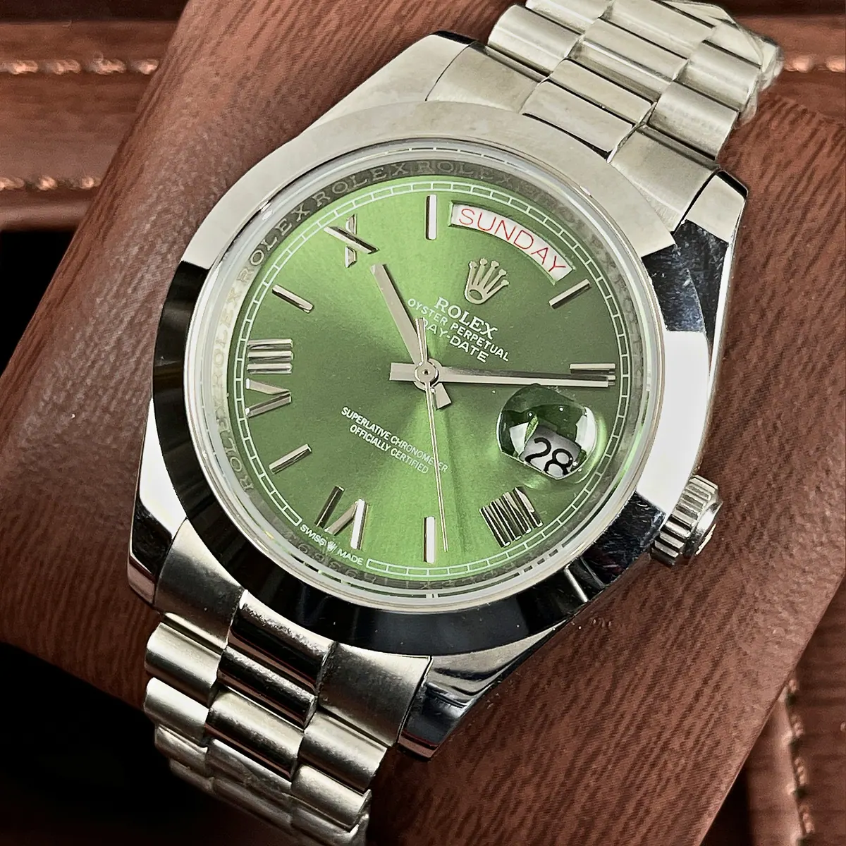 Rolex Day Date Green Dial Mens Watch Silver 41mm Automatic